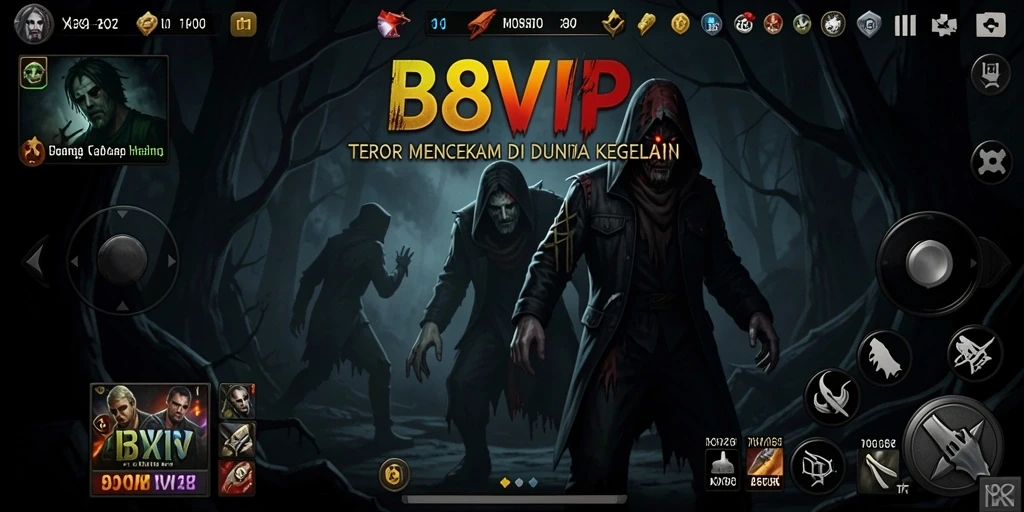 Screenshot gameplay B8VIP dengan suasana menakutkan dan karakter menyeramkan.