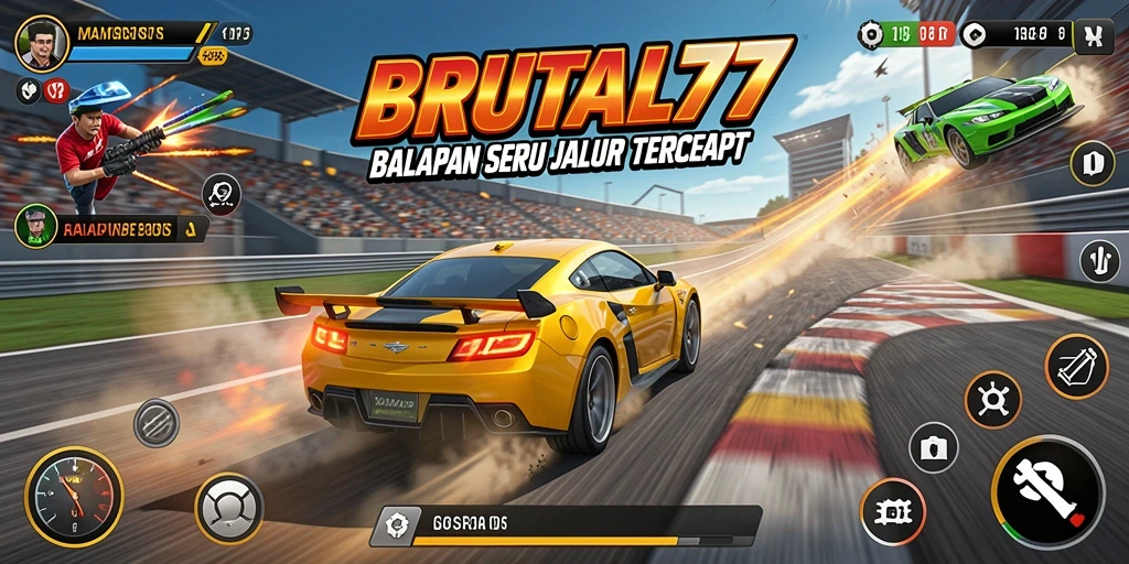Screenshot gameplay BRUTAL77 menampilkan aksi balapan yang mendebarkan.