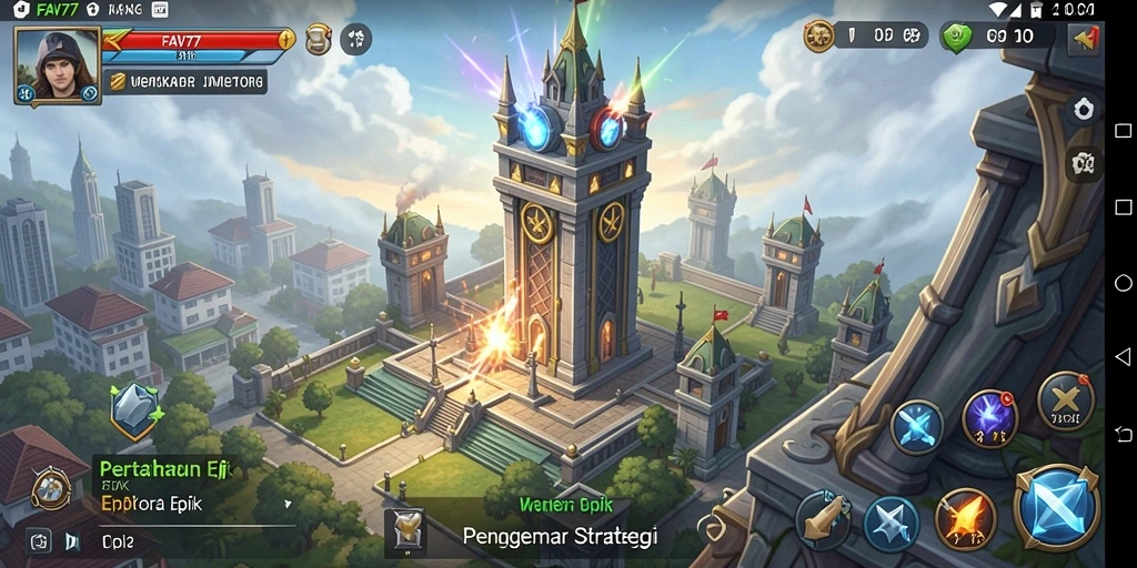 Screenshot gameplay FAV77 menunjukkan aksi menara melawan gelombang musuh.