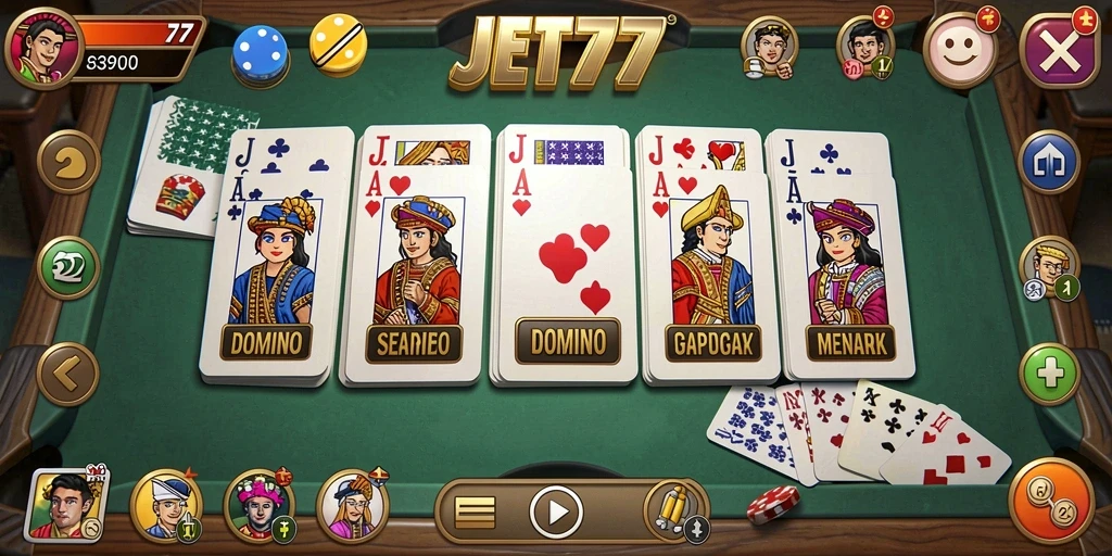 Tangkapan layar utama JET77 menampilkan aksi seru dalam permainan Domino.