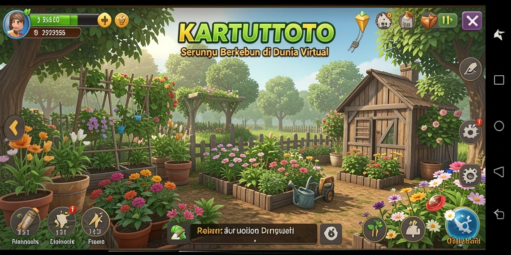 Screenshot gameplay KARTUTOTO yang menunjukkan kebun yang indah.