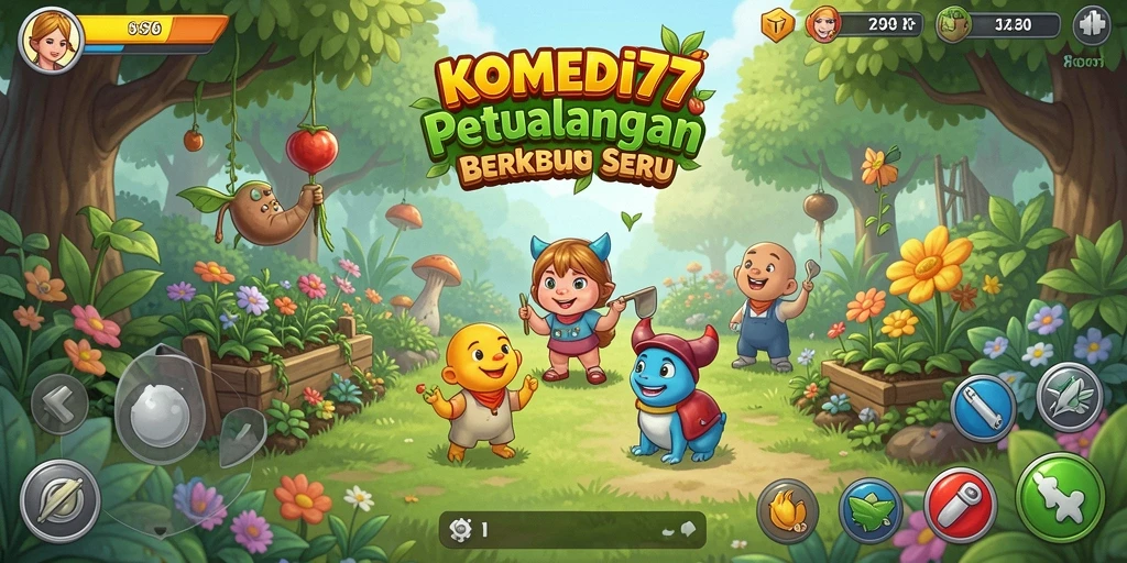 Gameplay KOMEDI77 yang menampilkan kebun penuh warna dan hewan ternak.