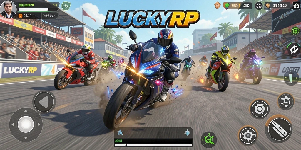 Screenshot gameplay LUCKYRP menampilkan aksi balapan motor yang mendebarkan.