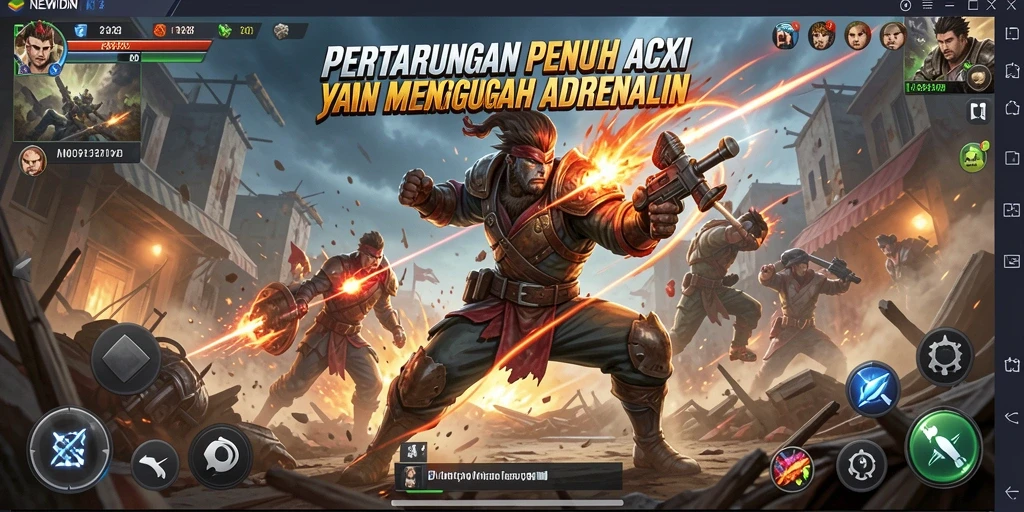 Gambaran gameplay action mendebarkan dari NEWIDN dengan berbagai karakter dan senjata.