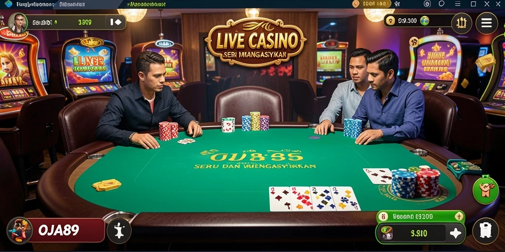 Tampilan gameplay OJA89 dengan dealer langsung dan ruangan kasino yang menarik.