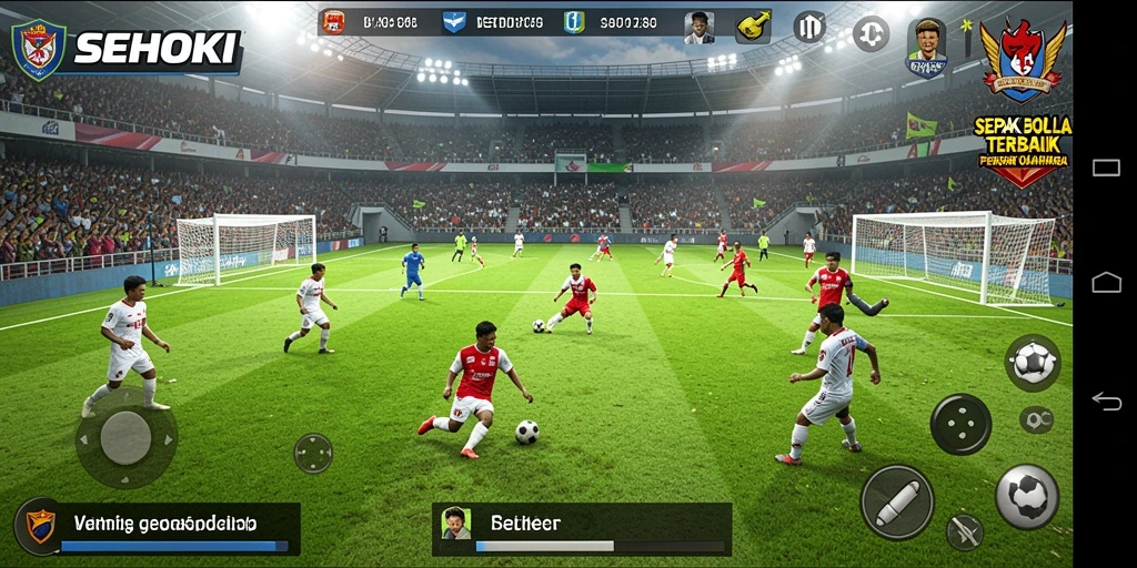Screenshot gameplay SEHOKI menampilkan aksi seru dalam pertandingan sepak bola.