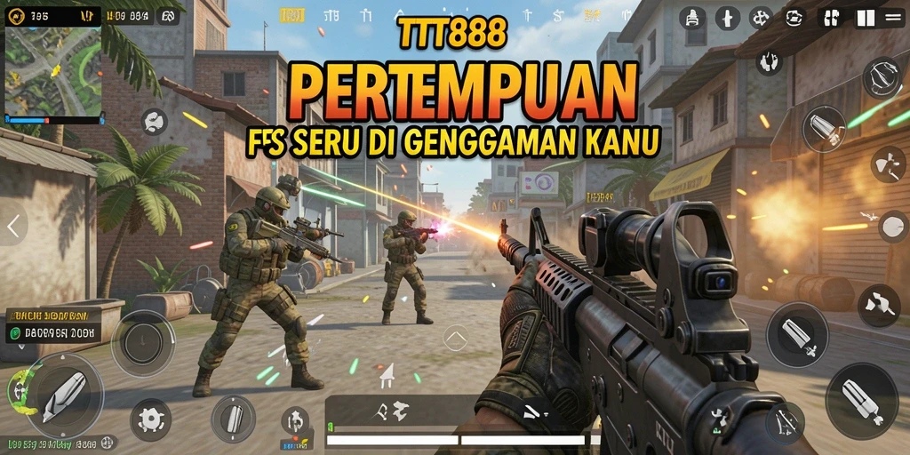 Screenshot utama TTT888 menampilkan aksi pertempuran FPS yang mendebarkan.