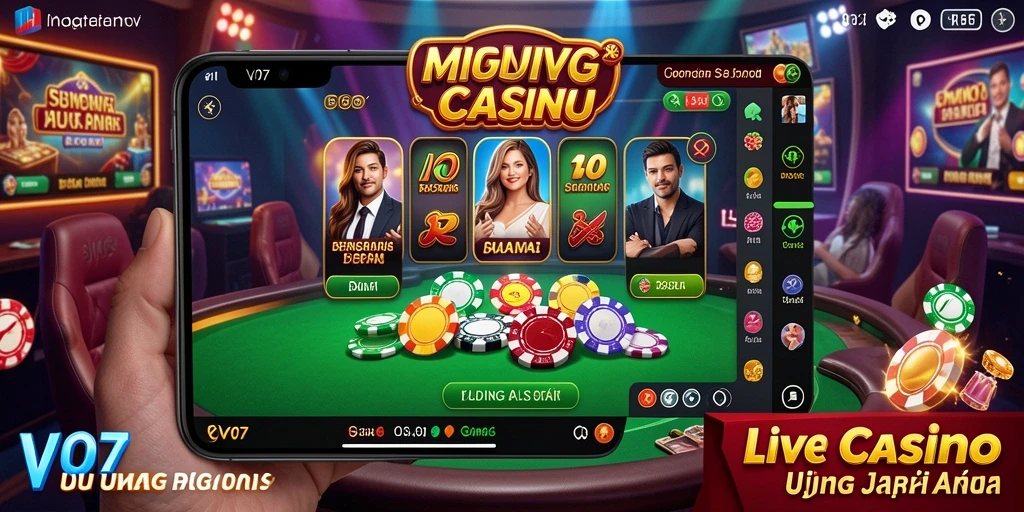 Tangkapan layar gameplay V07 menampilkan dealer yang ramah dan suasana kasino yang hidup.