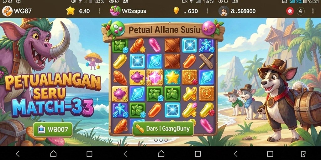 Screenshot utama WG87 menampilkan gameplay Match-3 yang memukau.